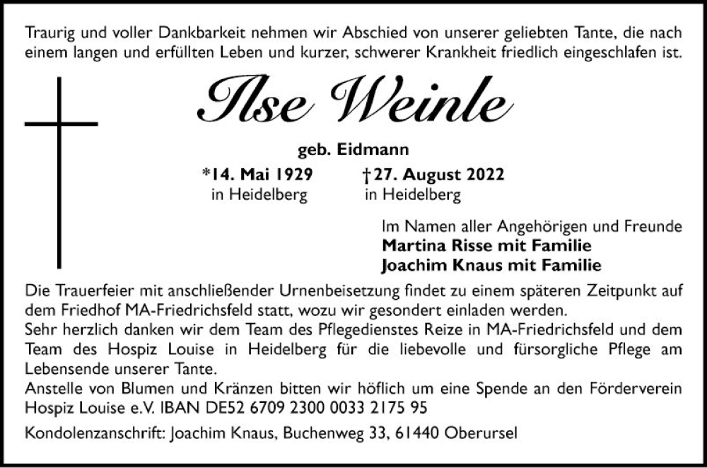  Traueranzeige für Ilse Weinle vom 03.09.2022 aus Mannheimer Morgen
