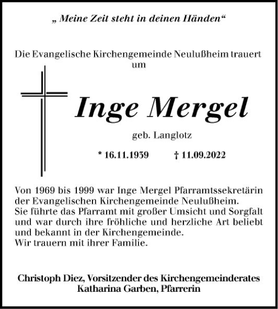 Traueranzeige von Inge Mergel von Schwetzinger Zeitung