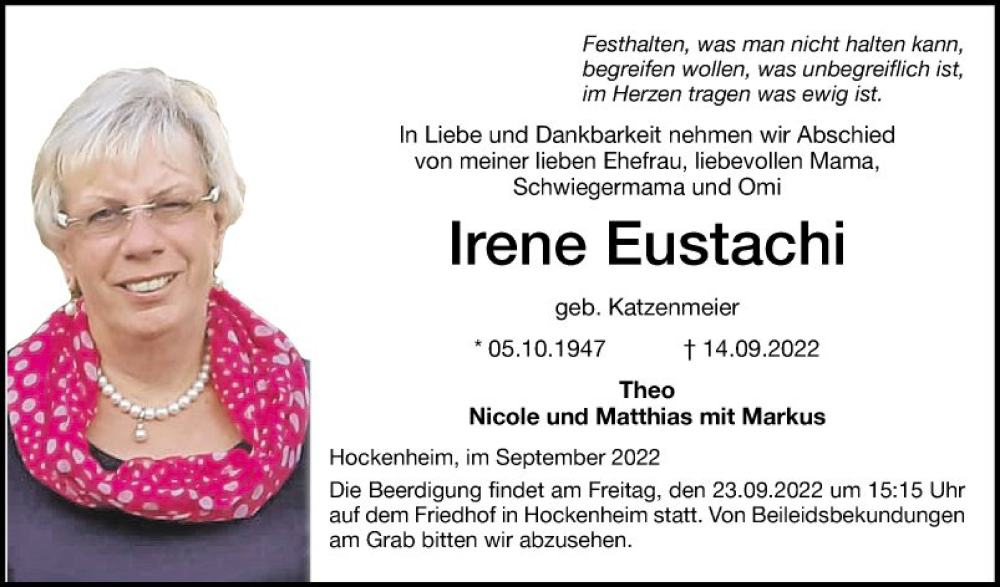  Traueranzeige für Irene Eustachi vom 20.09.2022 aus Schwetzinger Zeitung