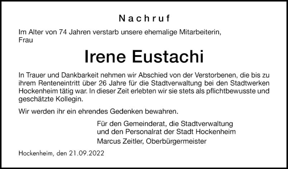  Traueranzeige für Irene Eustachi vom 21.09.2022 aus Schwetzinger Zeitung
