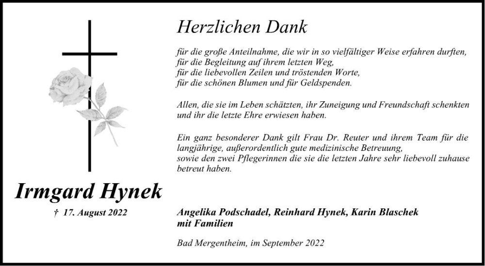  Traueranzeige für Irmgard Hynek vom 17.09.2022 aus Fränkische Nachrichten
