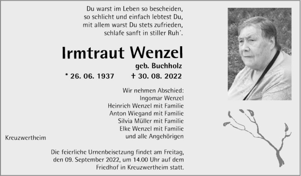  Traueranzeige für Irmtraut Wenzel vom 03.09.2022 aus Fränkische Nachrichten
