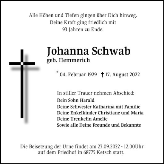 Traueranzeige von Johanna Schwab von Schwetzinger Zeitung