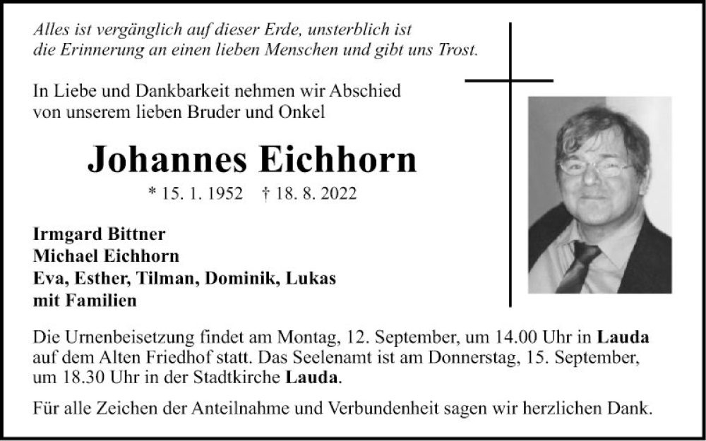  Traueranzeige für Johannes Eichhorn vom 06.09.2022 aus Fränkische Nachrichten