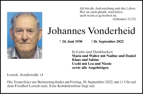Traueranzeige von Johannes Vonderheid von Bergsträßer Anzeiger