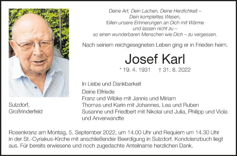  Traueranzeige für Josef Karl vom 03.09.2022 aus Fränkische Nachrichten