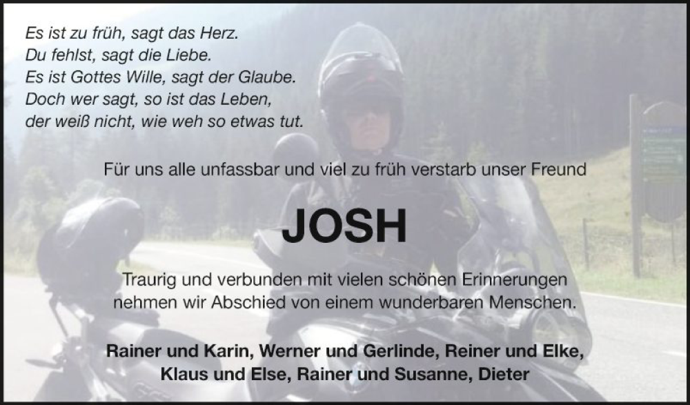  Traueranzeige für Josh  vom 14.09.2022 aus Fränkische Nachrichten