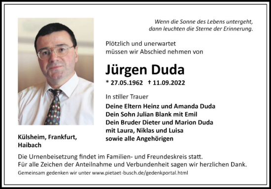 Traueranzeige von Jürgen Duda von Fränkische Nachrichten