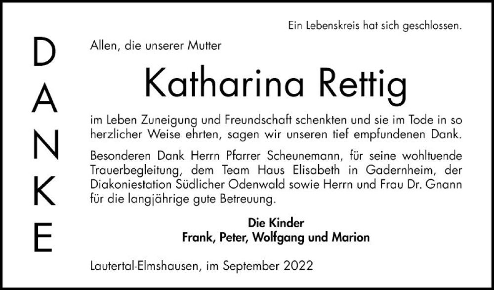  Traueranzeige für Katharina Rettig vom 10.09.2022 aus Bergsträßer Anzeiger