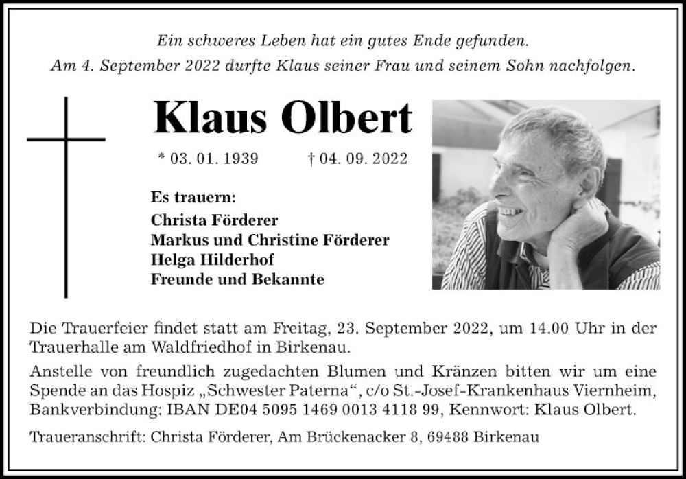  Traueranzeige für Klaus Olbert vom 17.09.2022 aus Mannheimer Morgen