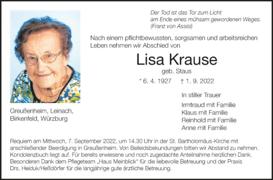 Traueranzeige von Lisa Krause von Fränkische Nachrichten
