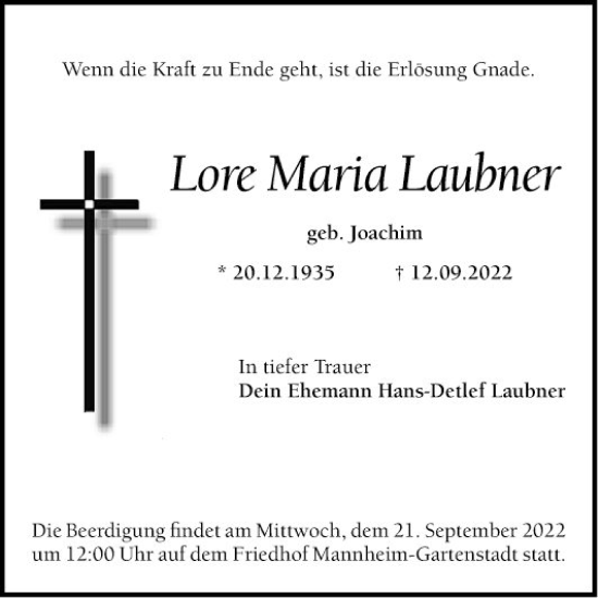 Traueranzeige von Lore Maria Laubner von Mannheimer Morgen