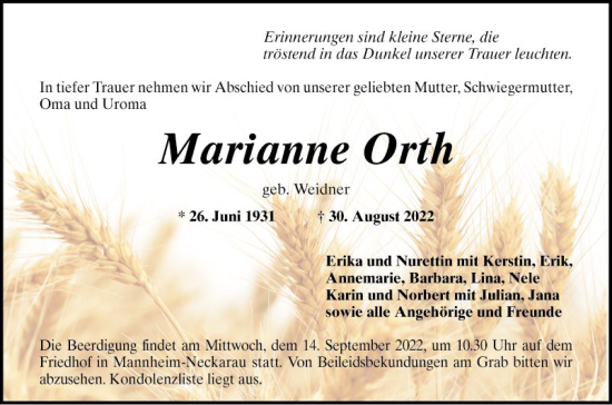 Traueranzeige von Marianne Orth von Mannheimer Morgen