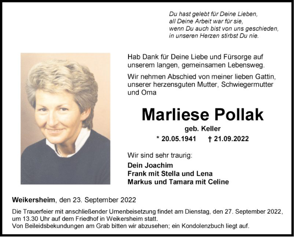  Traueranzeige für Marliese Pollak vom 23.09.2022 aus Fränkische Nachrichten