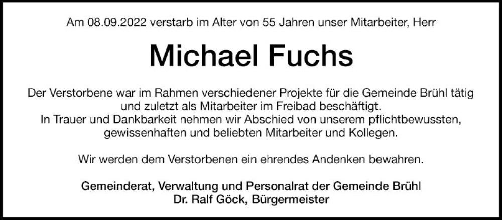  Traueranzeige für Michael Fuchs vom 14.09.2022 aus Schwetzinger Zeitung