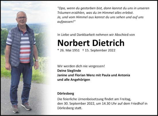 Traueranzeige von Norbert Dietrich von Fränkische Nachrichten