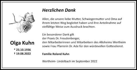 Traueranzeige von Olga Kuhn von Fränkische Nachrichten