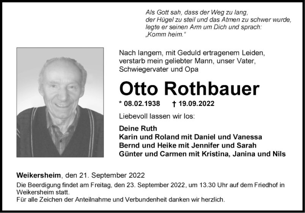  Traueranzeige für Otto  Rothbauer vom 21.09.2022 aus Fränkische Nachrichten