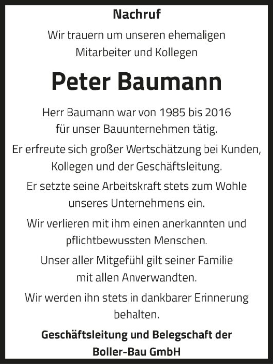 Traueranzeige von Peter Baumann von Fränkische Nachrichten