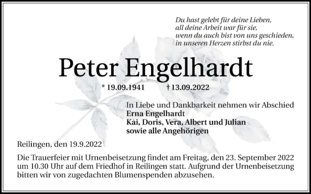  Traueranzeige für Peter Engelhardt vom 19.09.2022 aus Schwetzinger Zeitung