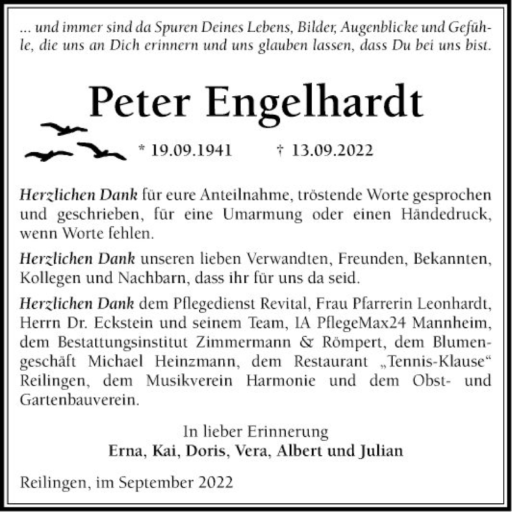  Traueranzeige für Peter Engelhardt vom 30.09.2022 aus Schwetzinger Zeitung