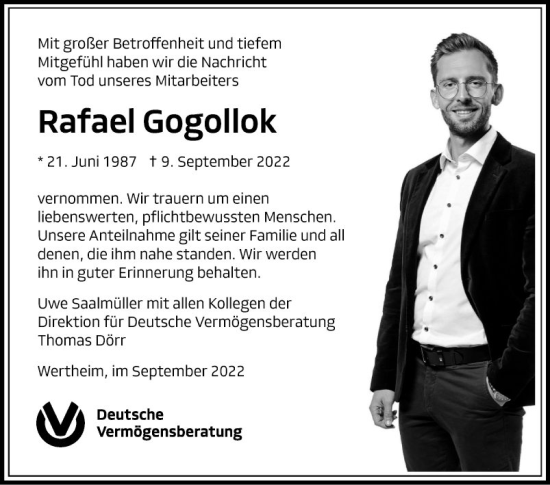 Traueranzeige von Rafael Gogollok von Fränkische Nachrichten