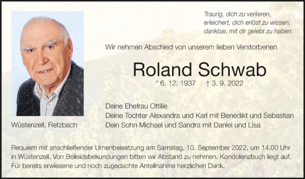  Traueranzeige für Roland Schwab vom 07.09.2022 aus Fränkische Nachrichten