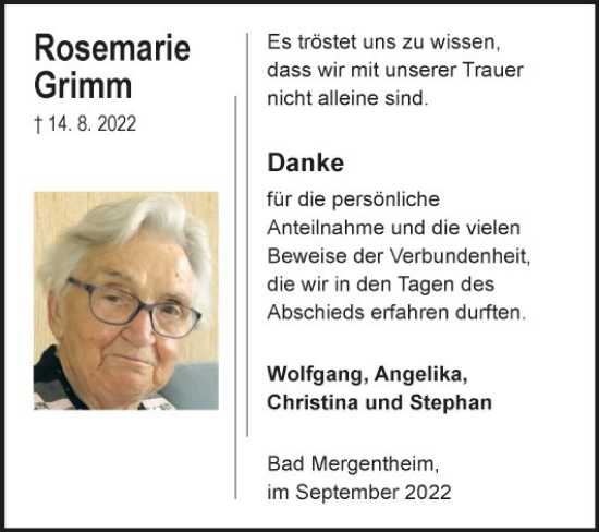 Traueranzeige von Rosemarie Grimm von Fränkische Nachrichten