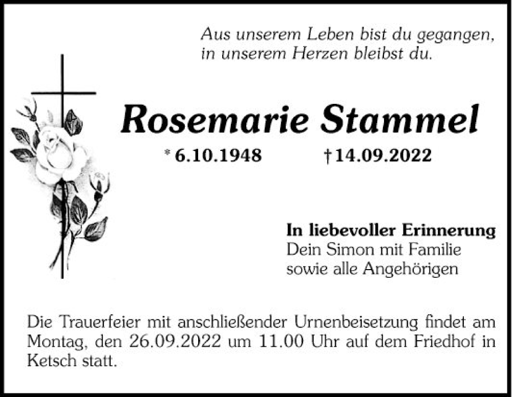  Traueranzeige für Rosemarie Stammel vom 23.09.2022 aus Schwetzinger Zeitung