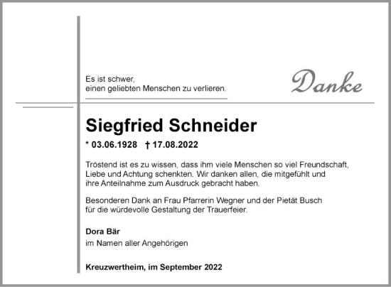 Traueranzeige von Siegfried Schneider von Fränkische Nachrichten
