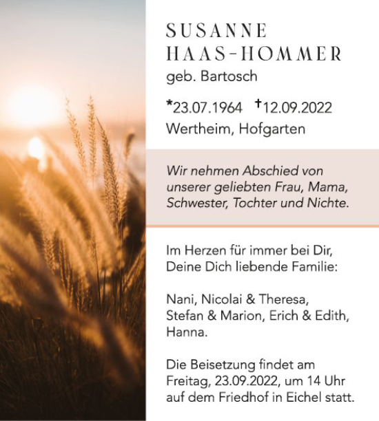 Traueranzeige von Susanne Haas-Hommer von Fränkische Nachrichten