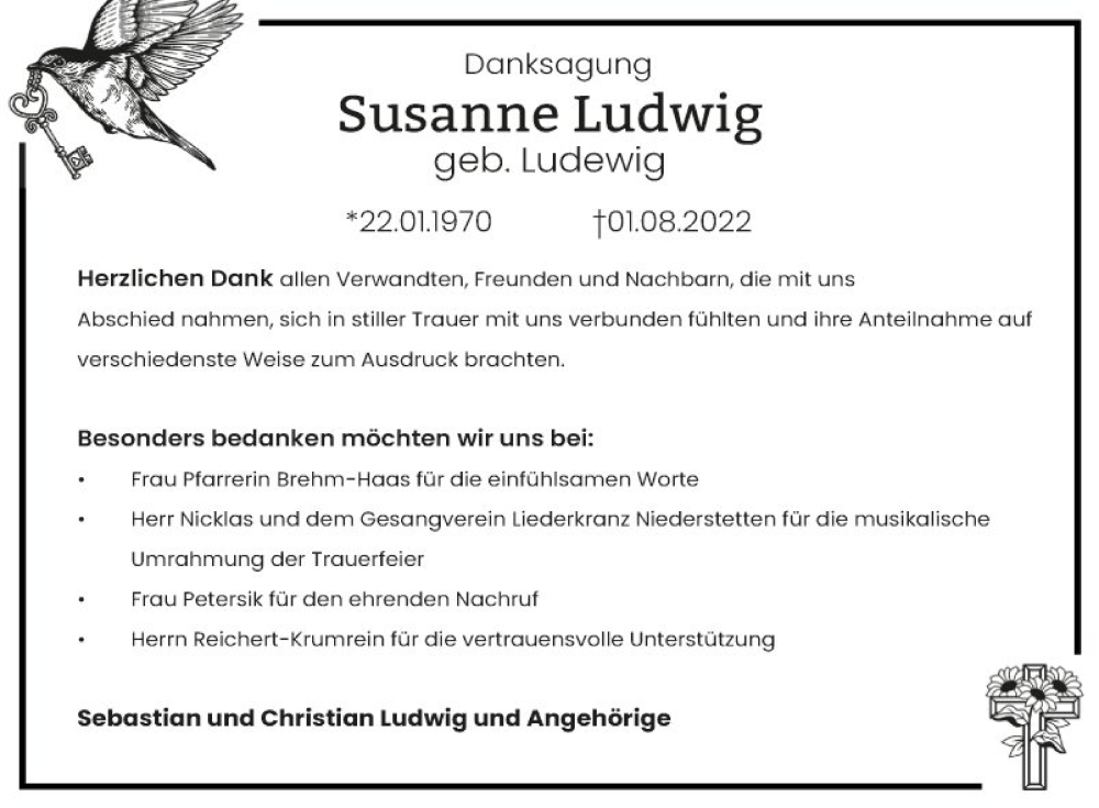  Traueranzeige für Susanne Ludwig vom 13.09.2022 aus Fränkische Nachrichten
