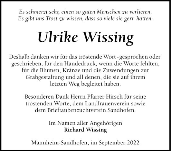 Traueranzeige von Ulrike Wissing von Mannheimer Morgen