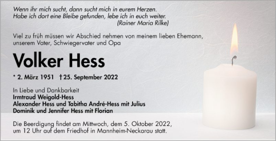 Traueranzeige von Volker Hess von Mannheimer Morgen