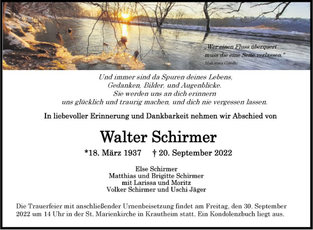  Traueranzeige für Walter Schirmer vom 24.09.2022 aus Fränkische Nachrichten