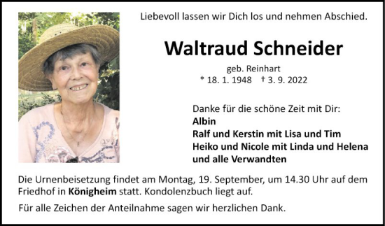 Traueranzeige von Waltraud Schneider von Fränkische Nachrichten