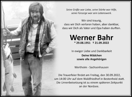 Traueranzeige von Werner Bahr von Fränkische Nachrichten