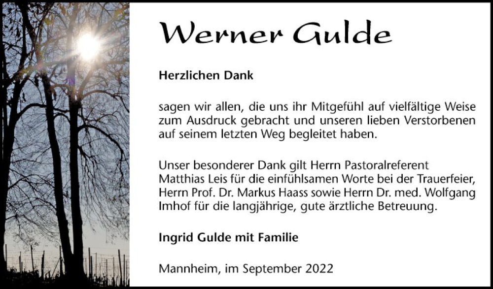  Traueranzeige für Werner Gulde vom 17.09.2022 aus Mannheimer Morgen
