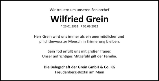 Traueranzeige von Wilfried Grein von Fränkische Nachrichten
