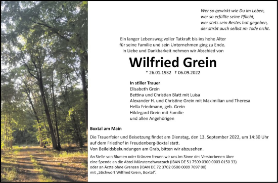 Traueranzeige von Wilfried Grein von Fränkische Nachrichten