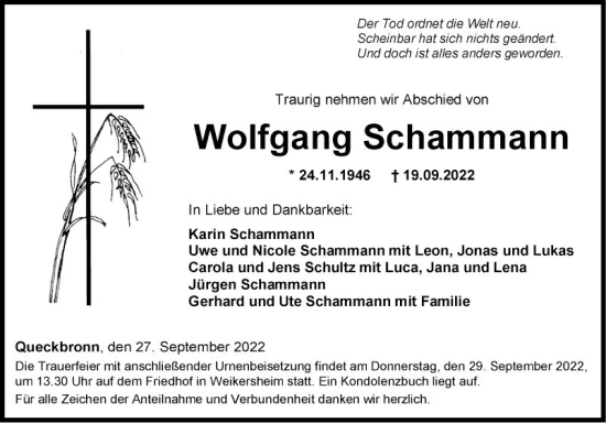 Traueranzeige von Wolfgang Schammann von Fränkische Nachrichten