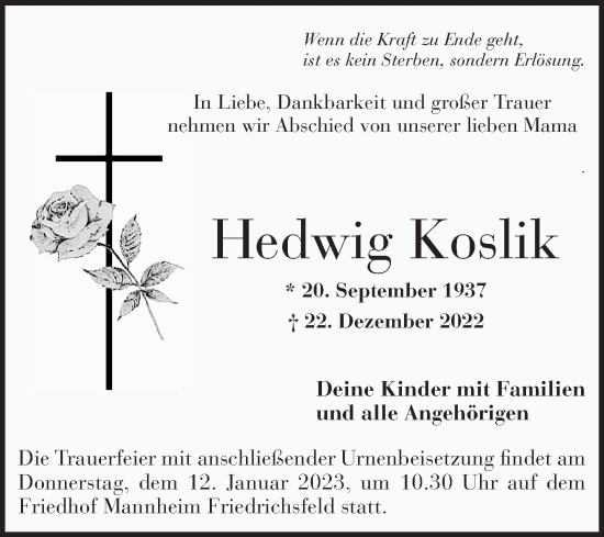 Traueranzeige von Hedwig Koslik von Mannheimer Morgen