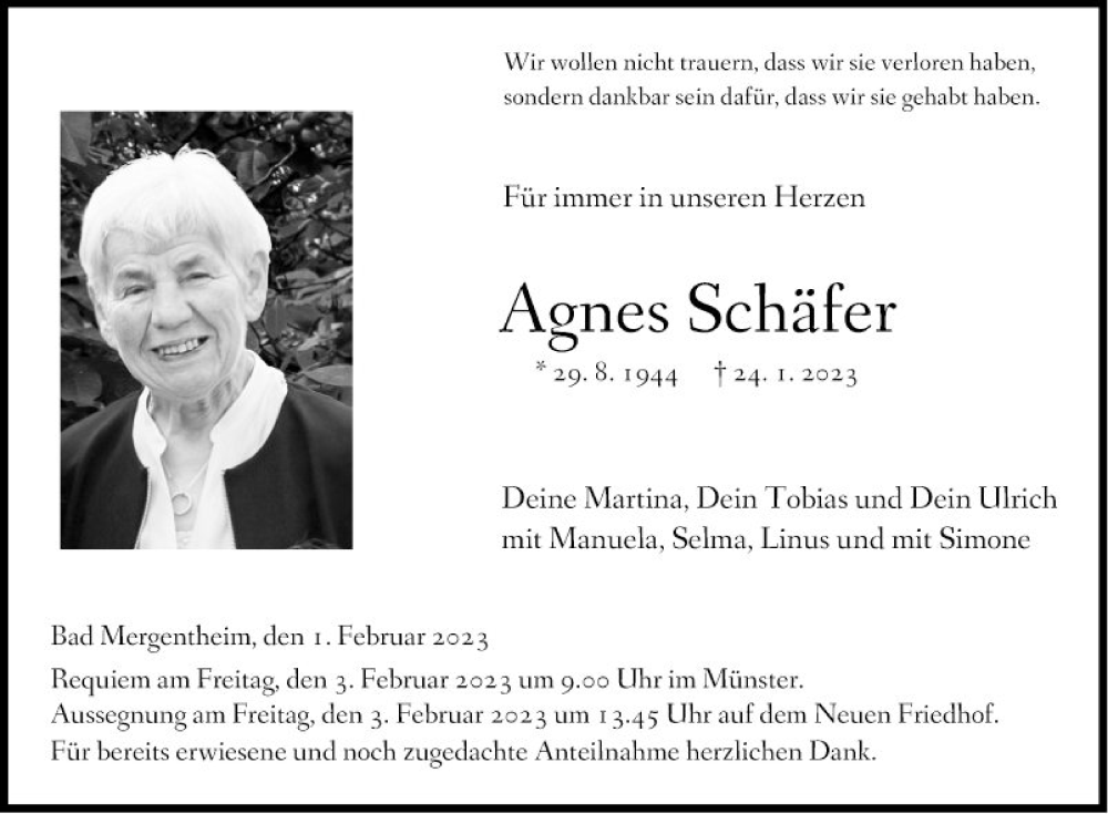  Traueranzeige für Agnes Schäfer vom 01.02.2023 aus Fränkische Nachrichten