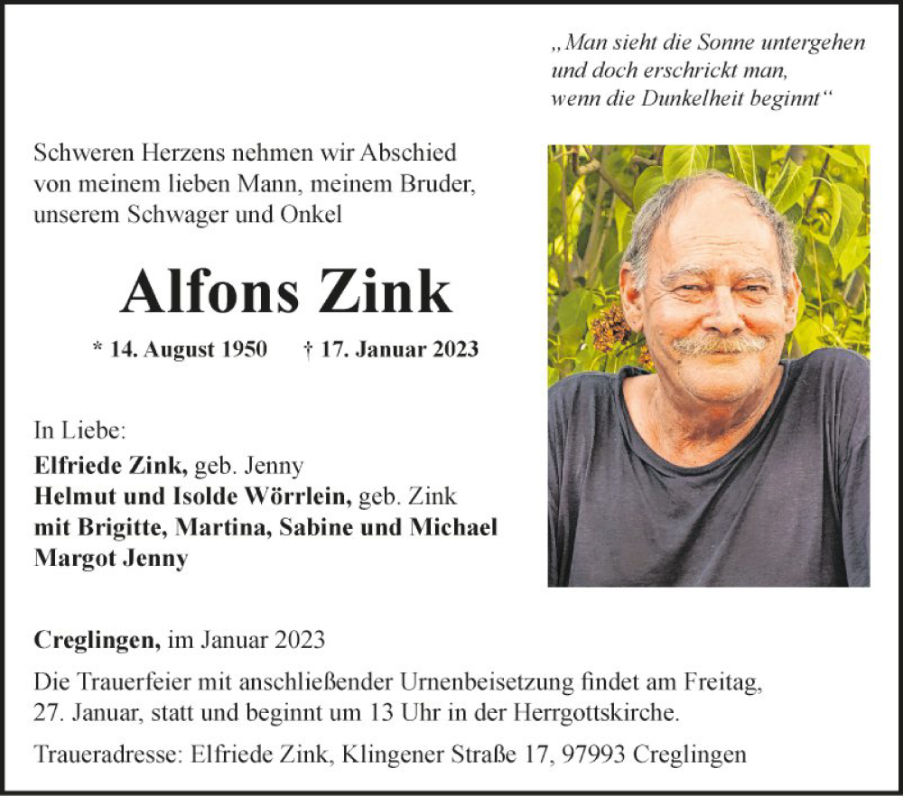  Traueranzeige für Alfons Zink vom 24.01.2023 aus Fränkische Nachrichten