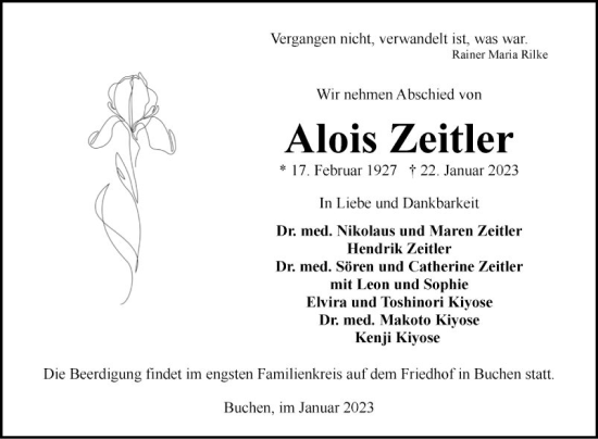 Traueranzeige von Alois Zeitler von Fränkische Nachrichten