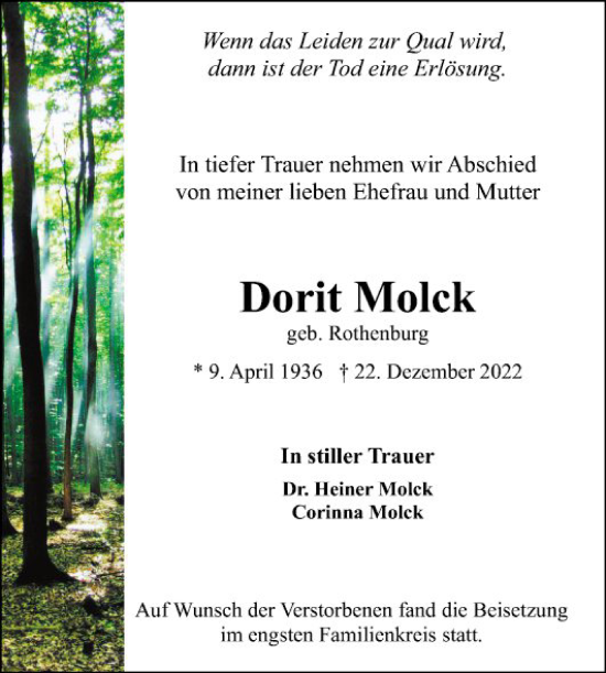 Traueranzeige von Dorit Molck von Mannheimer Morgen