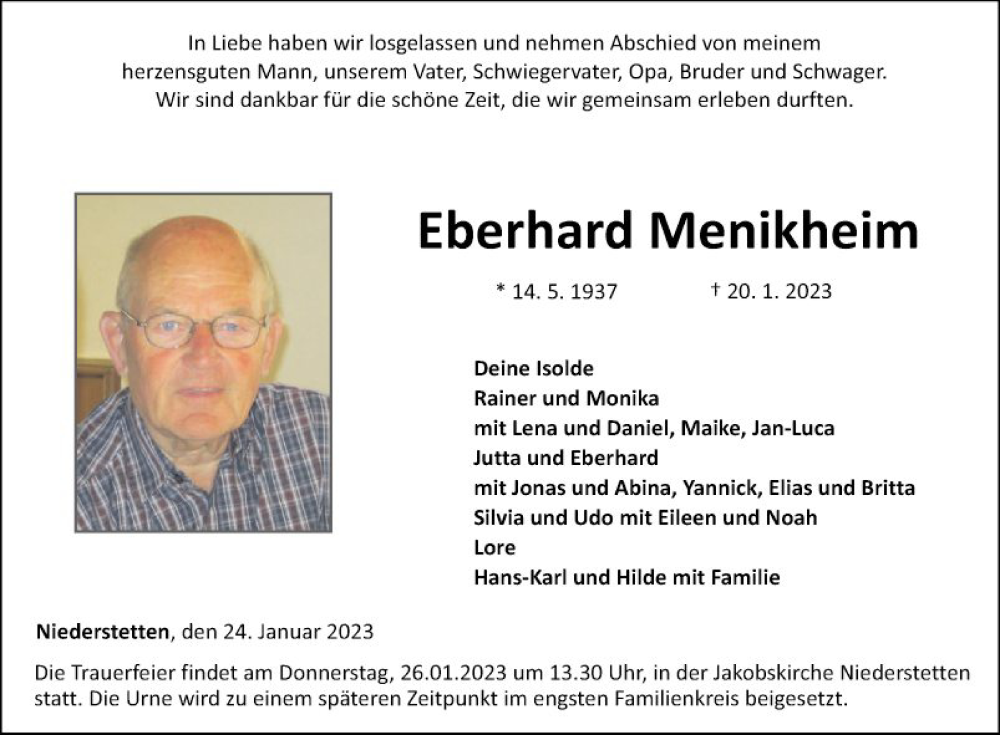  Traueranzeige für Eberhard Menikheim vom 24.01.2023 aus Fränkische Nachrichten