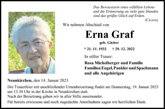 Traueranzeige von Erna Graf von Fränkische Nachrichten