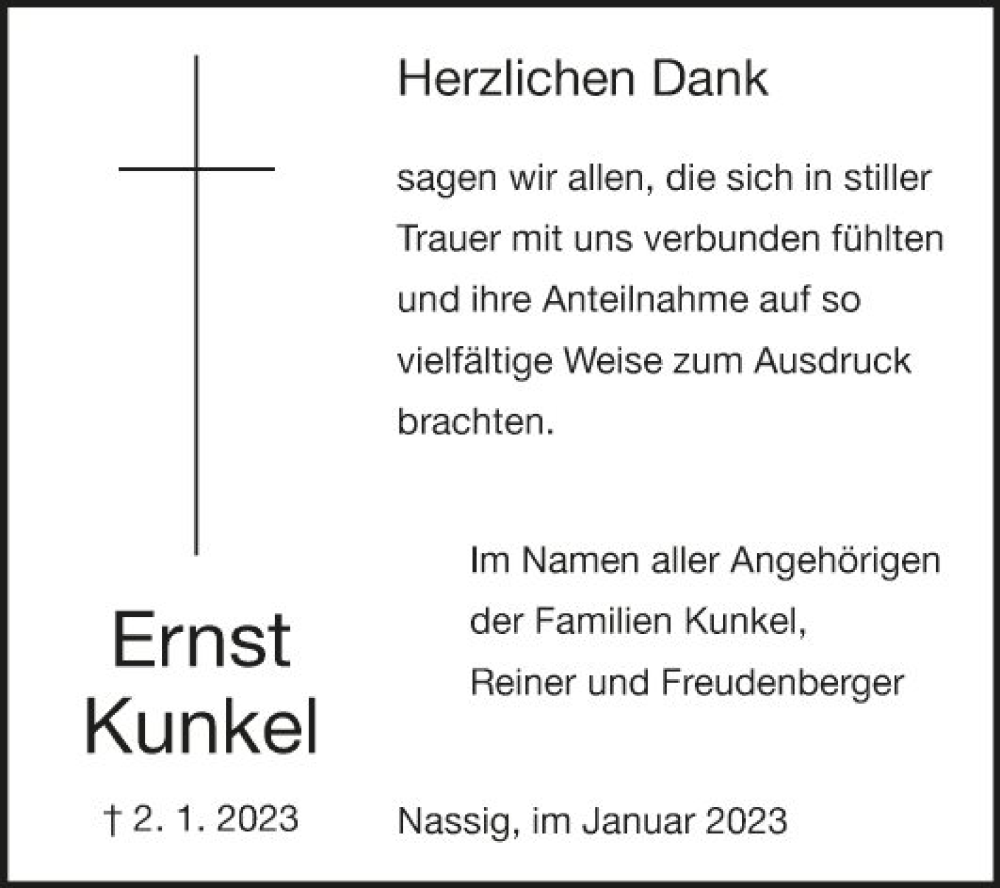  Traueranzeige für Ernst Kunkel vom 28.01.2023 aus Fränkische Nachrichten
