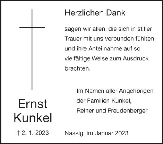 Traueranzeige von Ernst Kunkel von Fränkische Nachrichten